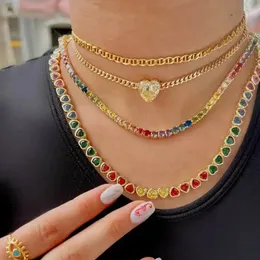 Charm Bracelets Gold Plated Rainbow Colorful Heart Tennis Chain Bracelet Necklace Micro Pave Red Pink Purple CZ Fashion Wedding Jewelry Set 230814