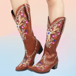 Stiefel Aosphiraylian Stickerei nähen florale westliche Cowboy für Frauen 2023 Retro Vintage Mid Calf Women S Cowgirl Schuhe 230814