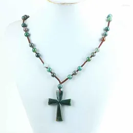 ペンダントネックレスTumbeelluwa Natural Agate Stone Cross 9mmビーズ編みロープネックレスジュエリー