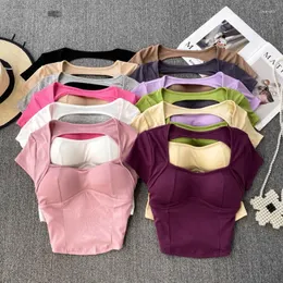 Camisetas femininas camisa chique Mulheres com Bra Bra Hollow Out Casual Tops femininos de cor sólida de verão