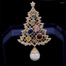 Brooches Christmas Tree Pearl Brooch Cubic Zirconias Pins Jewelry Colorful Rhinestone for Women Gift Coat Jwellery X0814