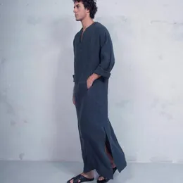 エスニック衣類男子Vネックイスラム教徒の伝統的なトービローブサイドスプリットイスラムソリッドリネン通気性アラブドバイトルコのカフタン