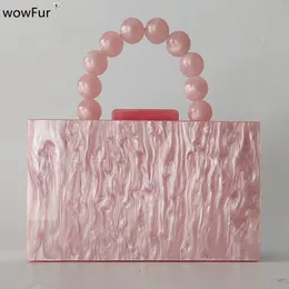 Kvällspåsar Candy Marble Pearl Pink With Bead Handle Women Brand Design Evening Bag Chic Acrylic Patchwork Party Clutch Purse Mini Handväska 230814