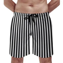 Shorts masculinos Black White listrado prancha de verão listras verticais retro praia calça curta Men, executando troncos de natação gráficos rápidos secos