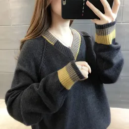 Kadın Sweaters 2023 V-Collar Sweater Kadın Argyle Bahar ve Kış Katı Örme Külükler Temel Jumper Pull Femme Moda T127