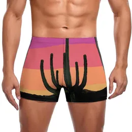 Herrbadkläder färgglada öken simning stammar saguaro kaktus solnedgång träning mode simma shorts elastiska plus storlek män baddräkt