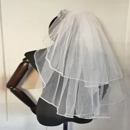 Véu de noiva de duas camadas véu de casamento com pente curto de borda de cristal mm