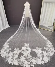 Beautiful Flower Lace Wedding Veil 3 Meters 1 Layer Soft Tulle Cathedral Ivory Bridal Veil with Comb Wedding Accessories