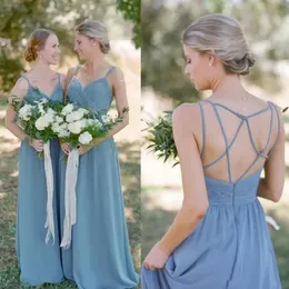 Dusty Blue Boho Druhna Sukienka A-line Weddne Suknie gości z krzyżowymi paskami Vestido de Festa Casamento 2024 Junior Country Maid of Honor Sukienki 328 328