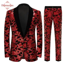 رجال Suits Blazers Luxury Velvet Sequin Suit Suit Suit Pants Men Shawlar One Button Wedding 2PCS Party Party Stage Singer Costume Homme 230814