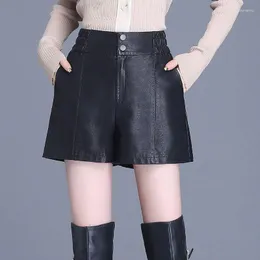 Frauenshorts 2023 Frauen Mode -Seitentaschen modische Kunstleder Vintage High Taille Reißverschluss Frau Kurzhose Mujer T784