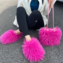 2024 Mongolian fur slides Slippers with bag womens mens rose pink bule khaki yellow black white red fashion outdoor slipper