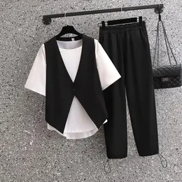 Women's Two Piece Pants One-Piece/Suit Cotton Linen Women 2023 Summer Short-Sleeved Shirt Nine-Point Two-Piece Female Top Set Clothing