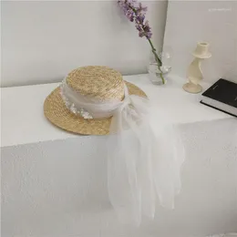 Headpieces franska retro brudvita pärlor mesh stråhatt kvinnors sommar med bröllopslöja för brud chapeau ceremonie mariage