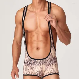 Underpants High Quality Men Bodysuit Printed Gay Underwear Sexy Penis Pouch Boxershorts Low Waist Teddies Tiger Print Man Jumpsuit