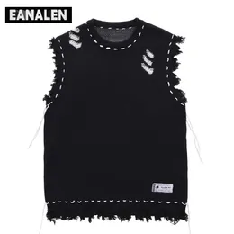 Coletes masculinos Harajuku esfarrapado franjas suéter colete feminino y2k vintage coreano oversized malha feio sem mangas suéter masculino estética 230814