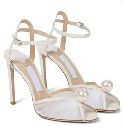 Designer Women's Sacaria Sandals Scarpe da donna White Pearls High Block Teli con allacciata con allaccia