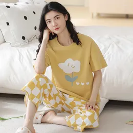 여자 잠자기 여름 파자마 여성 knited cotton pajamas set pijamas ladies 꽃 송아지 길이 바지 집 의류