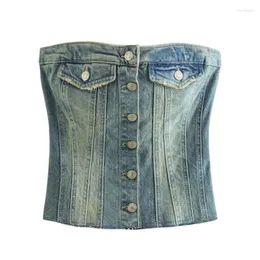 Tanques femininos Mulheres sexy Retro Retro Denim Crop Vest 2023 Summer Hight Street Tees