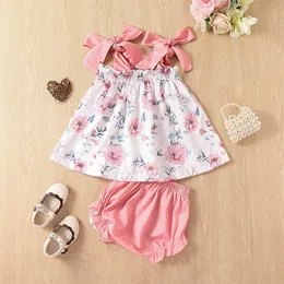 Kläderuppsättningar 2023-05-28 0-3 år Toddler Baby Girl 2st Summer Clothing Set Sleeveless Floral Printed Dress Top Solid Short