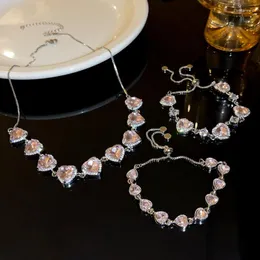 Necklace Earrings Set Luxury Cute Pink Love Heart Crystal Bracelet For Women 2023 Korean Fashion Delicate Party Jewelry Gifts