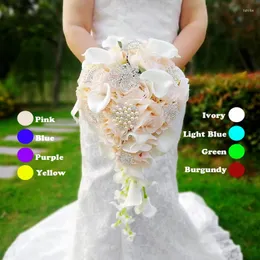 結婚式の花のカスタムメイドブーケ滝白いブライダルブーケ人工真珠結晶ラインストーン