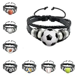 Fußball -Basketball -Volleyball -Glas -Legierung Button Armband Punk Multilayer geflochtener Leder Bangle Football Sport Liebhaber Geschenk GC2254