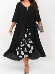Plus Size Dresses Independent Station Large Women's Chiffon Mosaic Two Piece Irregular Middle Sleeve Dress