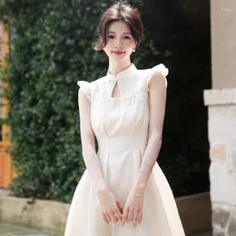 Vestidos casuais em estilo chinês stand colar fivela aprimorou cheongsam para mulheres 2023 elegante cor sólida feminina feminina fada vestido de fada