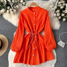Casual Dresses Gagarich Women Dress Fashion Spring Autumn Korean Chic Loose Stand-up Neck Bubble Sleeve Solid Lace-up Midi A-line