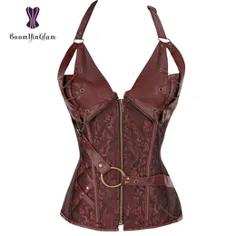 Kvinnors shapers plus size Zip Up Sexig Shaper Spiral Steel Boned Steampunk Goth Halter läder Bustier Corset S-6XL 908# 230812