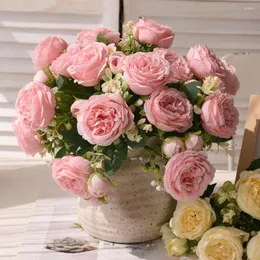 Decorative Flowers Rose Pink Silk Bouquet Peony Artificial Flower 30cm Small Home 5 Big Head Bud Decoration 4 Wedding Bride W2J2