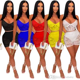 Sexy Party Two 2 Piece Set Women Outfit Tracksuits 2023 Summer Lace Patchwork See Though Strap Tunic Crop Top And Shorts Sets