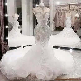 2023 Arabski Aso Ebi Ebi luksusowe kryształy z koralikami sukienki ślubne Wysokie szyję sukienki ślubne SZYBKI