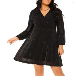 Plus Size Dresses Glitter Midi Dress Women's Summer 2023 Large V Neck Long Sleeve A Line Clothing Elegant Evening Party Curvy