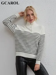 Frauenpullover Gcarol Herbst Winter Striped Reißverschluss Pullover elegantes Modebüro gestrickt Pullover warm dicke klassische Jumper 230814