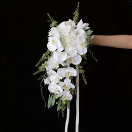 Bröllopsblommor Janevini 2023 White Waterfall Bouquet för brud Silk Artificial Moth Orchid Rose Bridal Hochzeit Zubehor