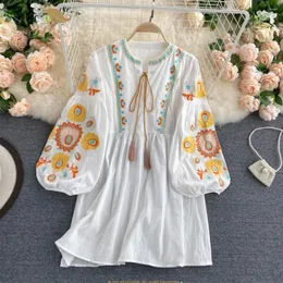 Casual Dresses Women's Summer Bohemian Dress Retro Folk Heavy Industry Brodery Puff Sleeve Overdimensionerad Short PASE UP MINI SR466