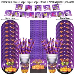 Other Event Party Supplies Halloween Disposable Tableware Set Pumpkin Trick or Treat Plates Cups Napkins Tablecloths Banner Decoration 230814