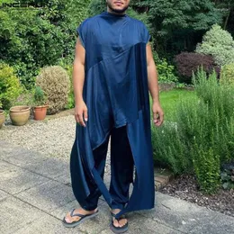 Men's Tracksuits Men Sets Solid Color Muslim Clothing 2023 Turtleneck Short Sleeve Irregular Kaftan Robes & Pants 2PCS Satin Suits