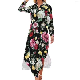 Casual Dresses Floral Print Dress Modern Flowers Aesthetic Sexy V Neck Kawaii Chiffon Long Sleeve Clothing Large Size