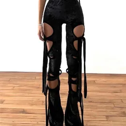 Calças femininas Capris goth Velvet escuro Hollow Out Mall Gótico Lápis Pants Grunge Punk Punk Sexy Cintura Alta Troushers Y2K Bandagem Mulheres Alt Bottom 230812