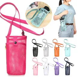 Tumblers Portable Sport Water Bottle Cover Mesh Cup Sleeve Pouch With Strap Mobiltelefonpåse Synliga utomhuscampingtillbehör 230814