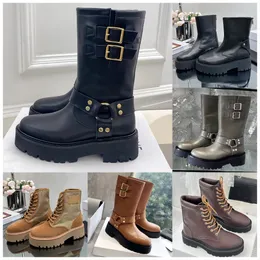 Calfskin Biker Boot Designer Women Martin Triomphe Tanning Boot Black Bicycle Platform Shoes Combat Half Boots Lace Up Suede Chain Buckle Luxury Shoe