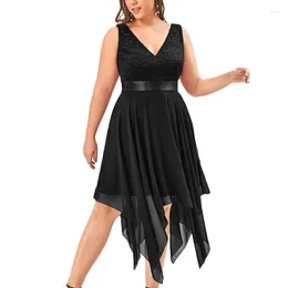 플러스 사이즈 드레스 2023 여름 패션 여성 v- 넥 슬매 소매 조끼 드레스 여성 레이스 패치 워크 불규칙 파티