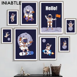 Pintura de lona pintando o astronauta planeta espacial foguete cartaz pôsteres imprimem berçário de parede arte nórdica imagem bebê garota decoração de quarto wo6