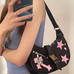 Evening Bags Xiuya Gothic Underarm Shoulder Bag Y2k Vintage Harajuku Moto Biker Handbag Spring Fashion Pink Star Women's High Street Bag 230814