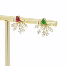 New Designer Green Red Color Water Drop Zircon Snowflake Shape Earrings Full Iced Out Bling Pave Cubic Zircon CZ Fashion Hip Hop Women Lady Festival Gift Jewelry