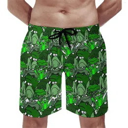 남자 반바지 보드 개구리 만화 패션 수영 트렁크 재미 많은 개구리 녹색 패턴 남자 편안한 달리기 서핑 플러스 사이즈 비치
