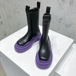 Autumn and winter new black leather purple thick soled elevating Chelsea boots B V mid-cylinder round head motorcycle boots retro British boots Sizes 35-46 +box